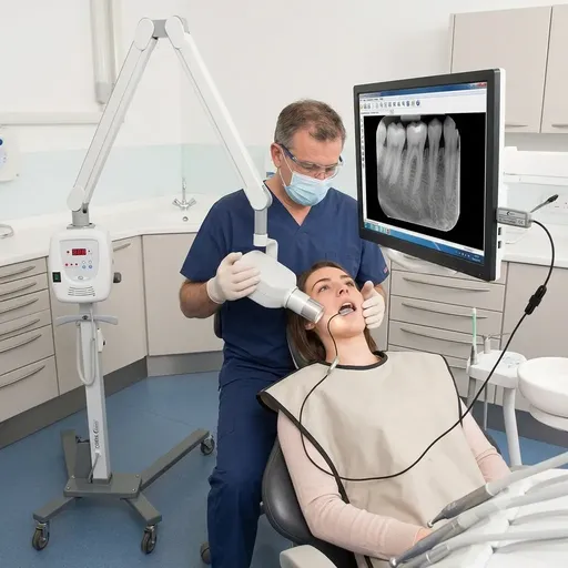 Dentista realizando radiografías intraorales con sensor digital para obtener imágenes precisas de dientes, raíces y estructuras óseas durante consulta.